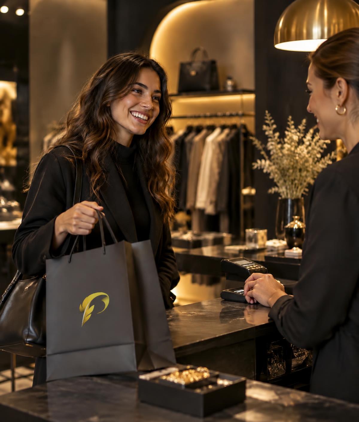 Cliente sorridente mentre completa un acquisto in un negozio